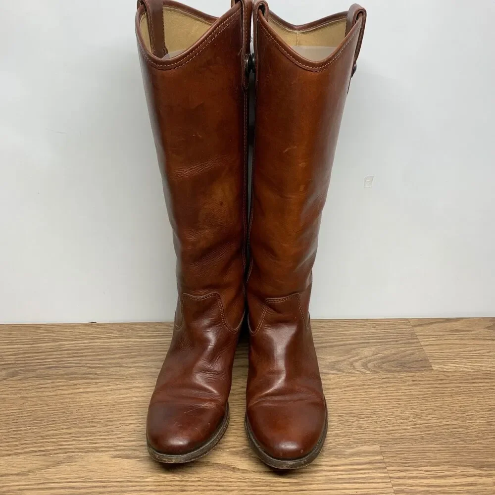Frye #77167 Melissa Button Brown Tall Leather Riding Biker Womens Boots‎ Size 6B